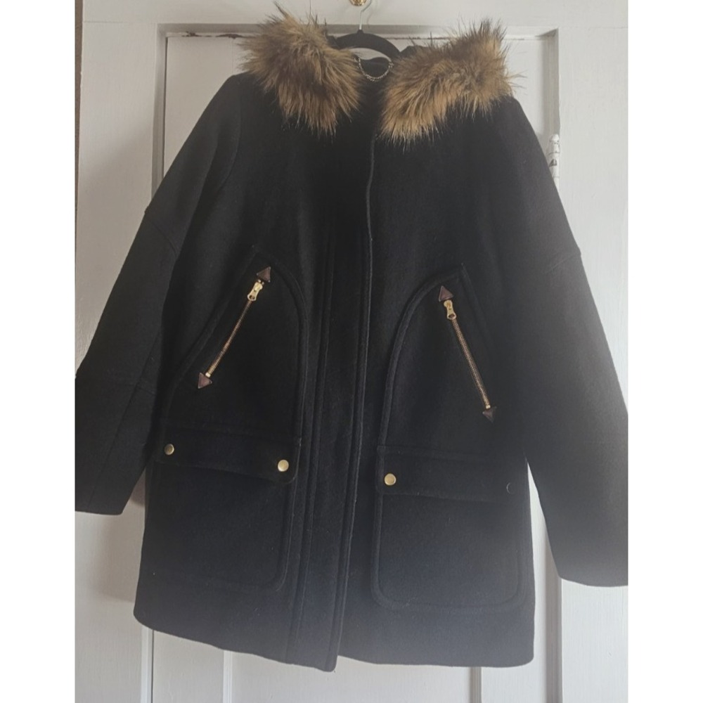 J.CREW Italian Stadium cloth NELLO GORI woman Sz 12‎ faux fur hood wool blend